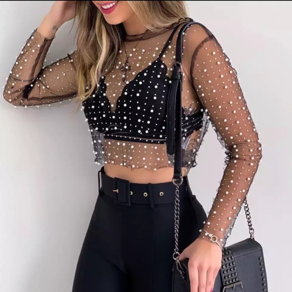 Mesh black top pearl & diamonds